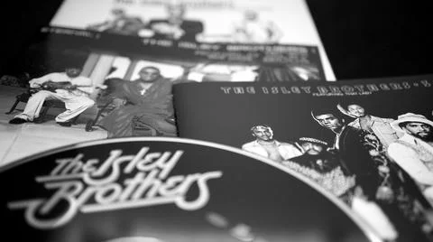Collection of cd covers and artwork by the R&amp;B e Soul group The Isley Brother Stock Photos