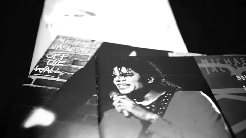 Collection of CD covers of three solo albums by MICHAEL JACKSON Stock Footage 201341587