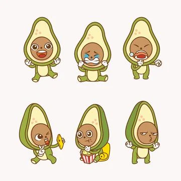 Collection character of cute avocado with different gesture and facial expres Stock Illustration