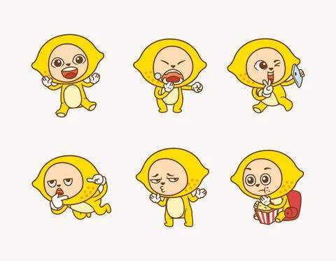 Collection character of cute lemon with different facial expression and gestu Illustrazione stock