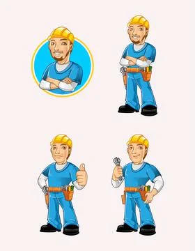 Collection character of mechanic standing carrying tool with different pose Stock Illustration