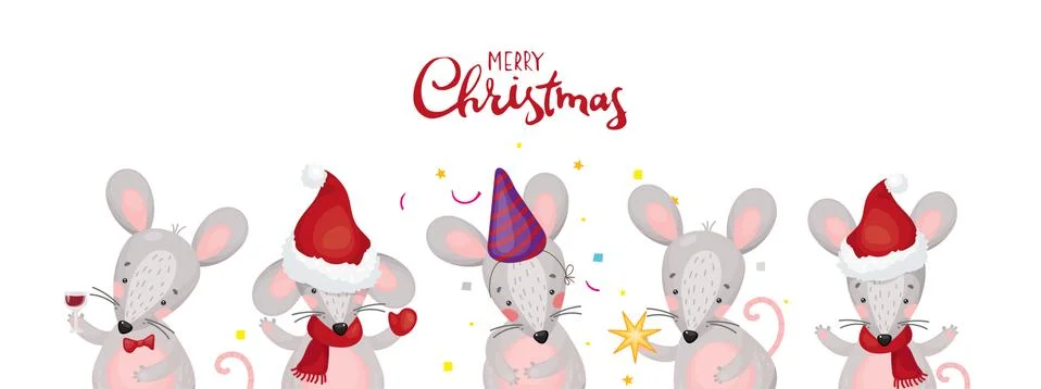 Collection of characters in a flat style. Cute mice or rats for postcards Stock Illustration
