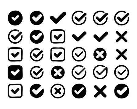 Collection of Check Mark and Cross Symbols in Various Styles and Formats Stock Illustration
