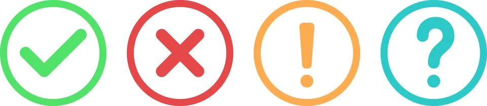 Collection of check mark, exclamation point, question mark and X mark icons.. Stock Illustration