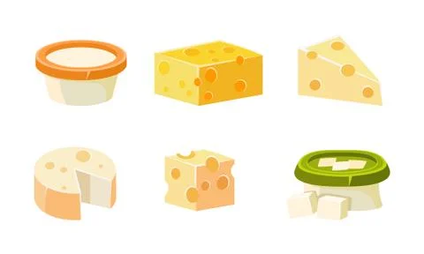 Collection of cheese assortment, various types fresh cheesy products vector Stock Illustration