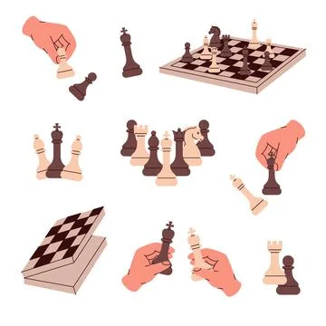 Collection of chess elements with hands, pieces, board and gameplay moments Stock Illustration