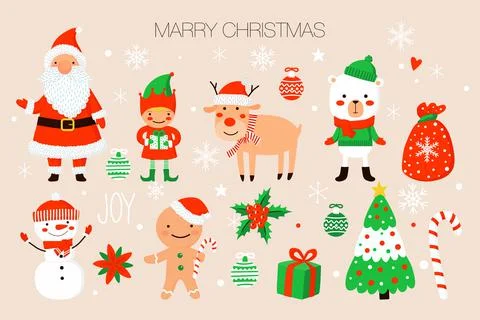 Collection of Christmas characters and elements for design Stock Illustration