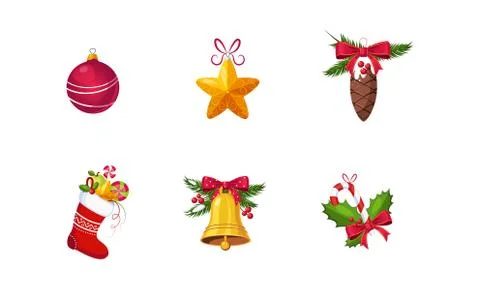 Collection of Christmas decoration elements, New Year holiday objects vector Stock Illustration
