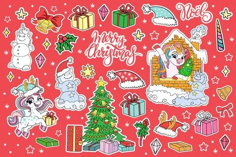 Collection with Christmas elements and winter unicorns stickers Stockillustratie