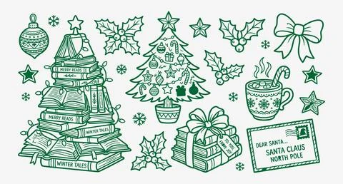 Collection of christmas holiday elements featuring a book tree and gifts Stock Illustration
