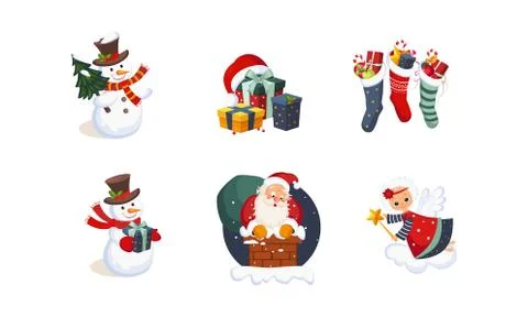 Collection of Christmas objects, cute bright New Year holiday decoration Stock Illustration