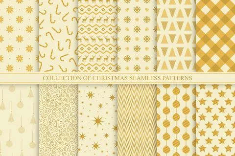 Collection of christmas seamless patterns. Holiday endless golden backgrounds - Illustrazione stock