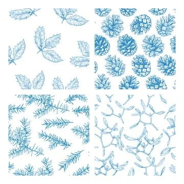 Collection of Christmas seamless patterns with pine cones and juniper. Mono.. Stock Illustration