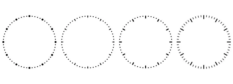 Collection of circular clock marks and time scale elements in various styles. Stockillustratie