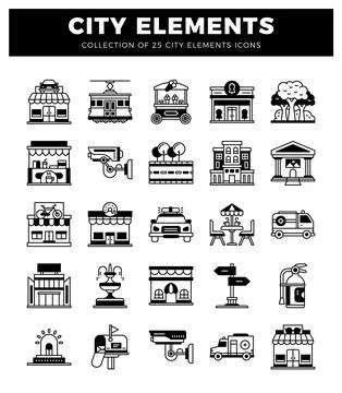Collection of city building and element icons presented in a grid Ilustração Stock