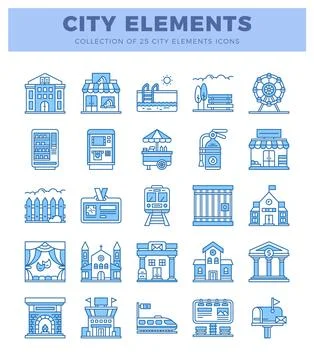 Collection of city element icons in blue and white. Building icons with var.. Ilustração Stock