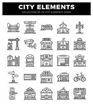 Collection of city element icons featuring buildings and urban infrastructure Illustration