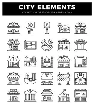 Collection of city element icons featuring shops. buildings. and urban stru.. Ilustración de archivo