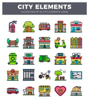 Collection of city element icons featuring buildings. vehicles. and urban a.. Stock Illustration