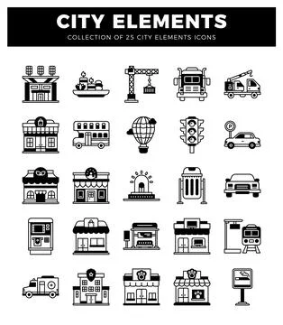 Collection of city element icons featuring buildings. vehicles. and ameniti.. Ilustración de archivo