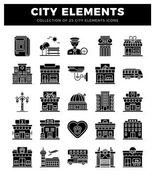 Collection of city element icons featuring buildings and urban symbols Stock Illustration