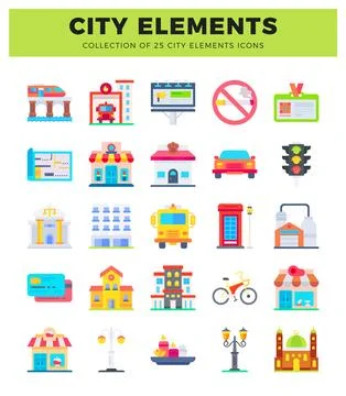 Collection of city element icons in flat design on a white background. Illustrazione stock
