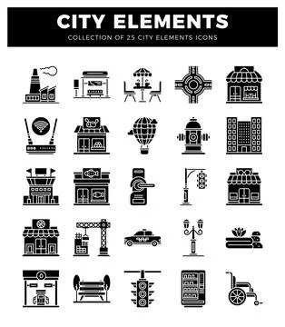 A collection of city element icons in a grid formation. Illustration