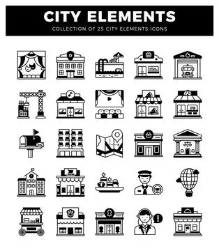 Collection of city element icons including buildings. a bus. and a hot air .. Stock Illustration