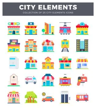 Collection of city elements in flat design with colorful buildings and vehi.. 스톡 일러스트