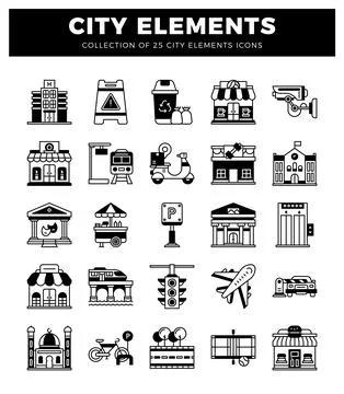 Collection of city elements icons in black and white set Stockillustratie