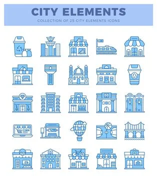 Collection of city elements icons. blue outline on white. Stockillustratie
