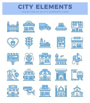 Collection of city elements icons with blue outline graphics. Building icon.. 스톡 일러스트