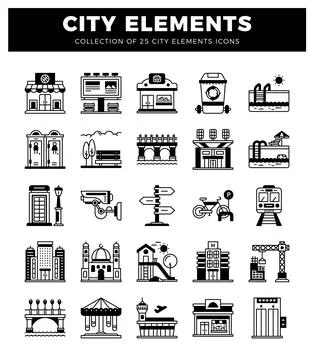 Collection of city elements icons with building and transport graphics Stockillustratie
