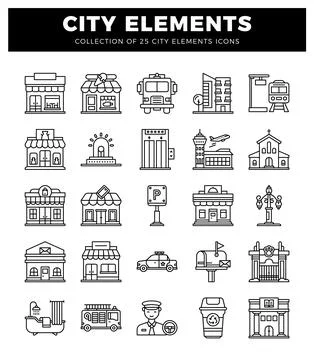 Collection of city elements icons. clean line art style. white background 스톡 일러스트