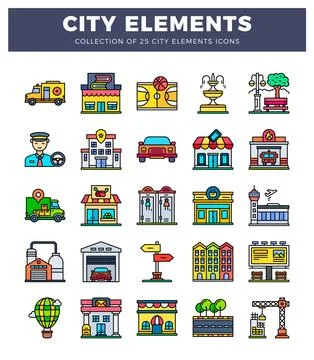Collection of city elements icons. diverse urban symbols in a grid layout. .. 스톡 일러스트
