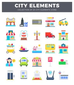 Collection of city elements icons featuring bridges. buildings. and vehicle.. Stock Illustration