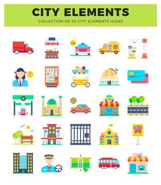 Collection of city elements icons featuring transportation. buildings. and .. Illustrazione stock