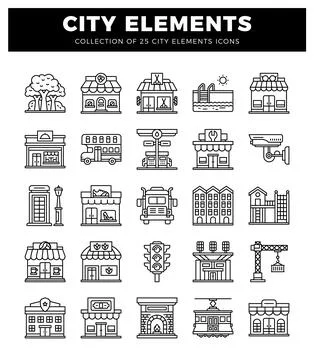 Collection of city elements icons in a grid layout on a white background. Ilustración de archivo