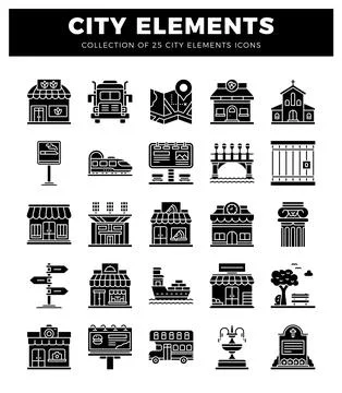 Collection of City Elements Icons Stock Illustration