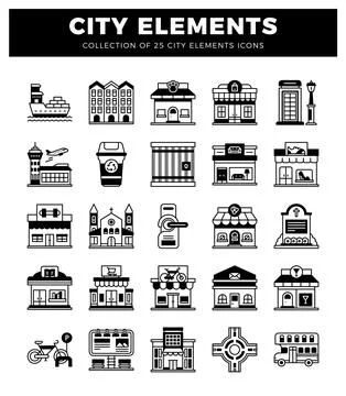 Collection of city elements icons. including buildings. transportation. and.. Stock Illustration