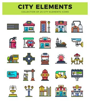 Collection of city elements icons including buildings. transport. and ameni.. Ilustración de archivo