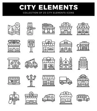 Collection of city elements icons. including transportation. businesses. an.. 스톡 일러스트