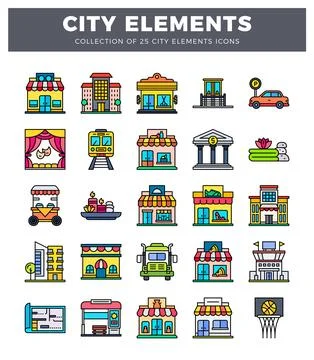 Collection of city elements icons showing buildings. transportation. and se.. Stock Illustration