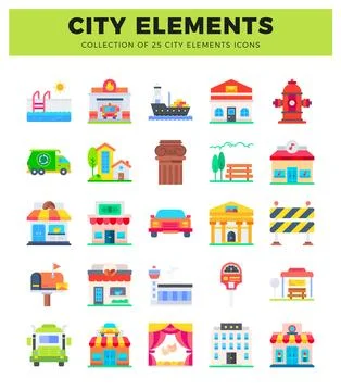 Collection of city elements icons showing buildings. vehicles. and infrastr.. 스톡 일러스트