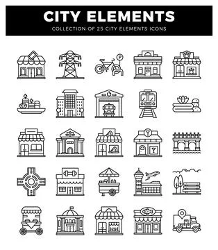 Collection of city elements icons on a white background.  Buildings. transp.. 库存插图
