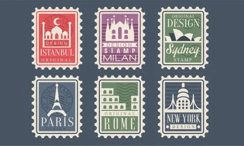 Collection of City Stamps from Different Countries with Architectural Landmarks Stock Illustration
