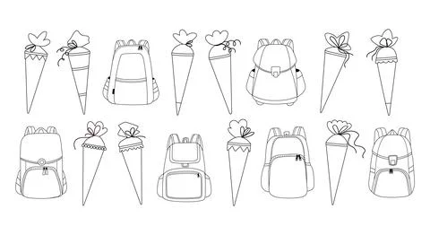 Collection of clear cartoon backpacks,sugar cones for first grader in line style Stock Illustration