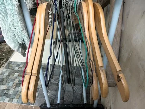 A collection of clothes hangers Stock Photos