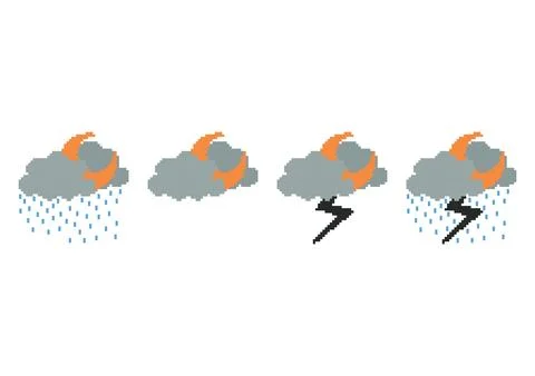 A collection of cloud and rain illustrations with a pixel theme Stock Illustration