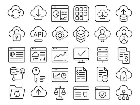 Collection of cloud computing and data icons isolated on white background Stockillustratie